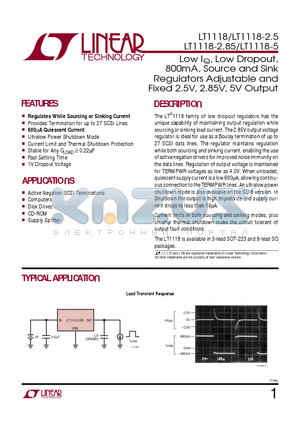LT1118CST-2.5 datasheet - Low IQ, Low Dropout, 800mA, Source and Sink Regulators Adjustable and Fixed 2.5V, 2.85V, 5V Output