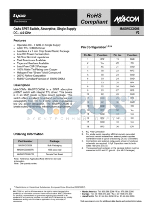 MASWCC0006 datasheet - GaAs SP6T Switch, Absorptive, Single Supply DC - 4.0 GHz