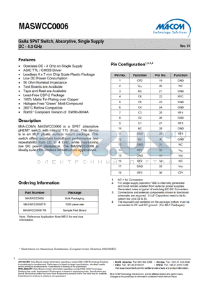 MASWCC0006TR datasheet - GaAs SP6T Switch, Absorptive, Single Supply DC - 4.0 GHz