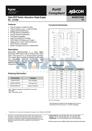 MASWCC0009-TB datasheet - GaAs SP6T Switch, Absorptive, Single Supply DC - 3.0 GHz