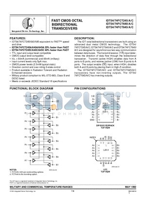 IDT74FCT245CD datasheet - FAST CMOS OCTAL BIDIRECTIONAL TRANSCEIVERS