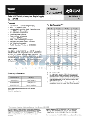 MASWCC0010 datasheet - GaAs SP4T Switch, Absorptive, Single Supply DC - 4.0 GHz