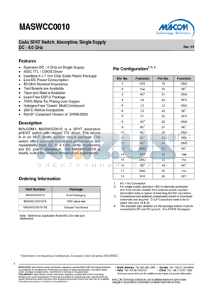 MASWCC0010TR datasheet - GaAs SP4T Switch, Absorptive, Single Supply DC - 4.0 GHz