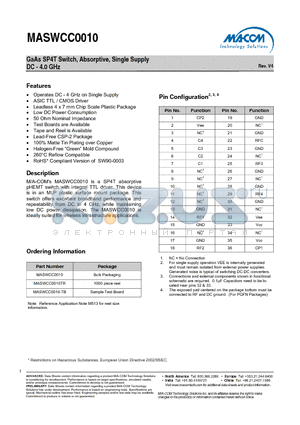 MASWCC0010 datasheet - GaAs SP4T Switch, Absorptive, Single Supply DC - 4.0 GHz