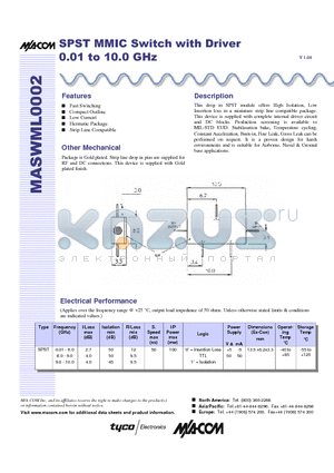 MASWML002 datasheet - SPST MMIC Switch with Driver 0.01 to 10.0 GHz
