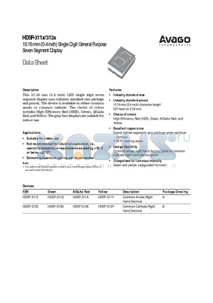 HDSP-313A datasheet - 10.16 mm (0.4 inch) Single Digit General Purpose Seven Segment Display