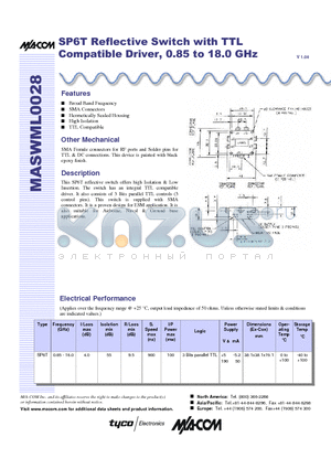 MASWML028 datasheet - SP6T Reflective Switch with TTL Compatible Driver, 0.85 to 18.0 GHz