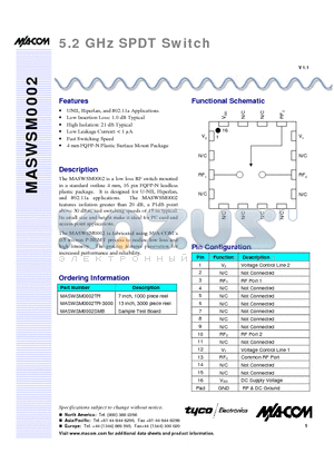 MASWSM0002TR datasheet - 5.2 GHz SPDT Switch