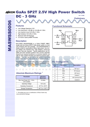 MASWSS0006 datasheet - GaAs SP2T 2.5V High Power Switch DC - 3 GHz