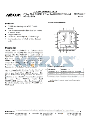 MASWSS0017-XFLT1 datasheet - 2V Dual-Mode WCDMA & Triple Band GSM/DCS/PCS Switch 0.5 - 2.2 GHz
