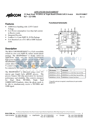 MASWSS0017-XFLT3 datasheet - 2V Dual-Mode WCDMA & Triple Band GSM/DCS/PCS Switch 0.5 - 2.2 GHz