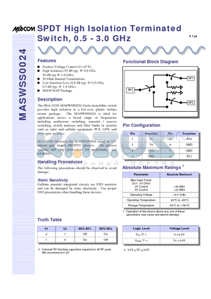 MASWSS0024TR datasheet - SPDT High Isolation Terminated Switch, 0.5 - 3.0 GHz