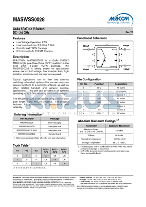 MASWSS0028 datasheet - GaAs SP3T 2.5 V Switch DC - 3.0 GHz