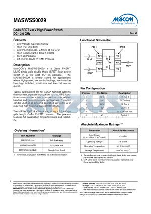 MASWSS0029 datasheet - GaAs SPDT 2.8 V High Power Switch DC - 3.0 GHz