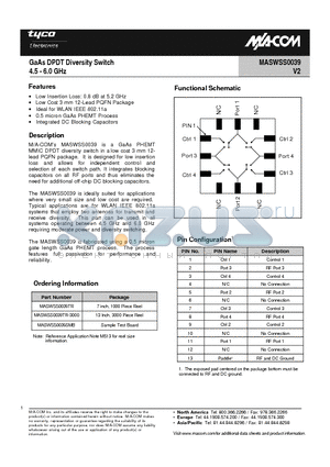 MASWSS0039SMB datasheet - GaAs DPDT Diversity Switch 4.5 - 6.0 GHz