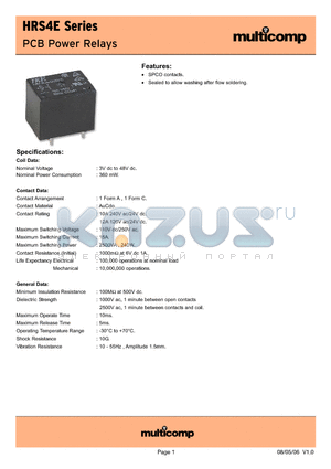 HRS4E datasheet - PCB Power Relays