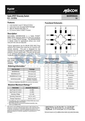 MASWSS0040SMB datasheet - GaAs DPDT Diversity Switch 0.5 - 3.0 GHz