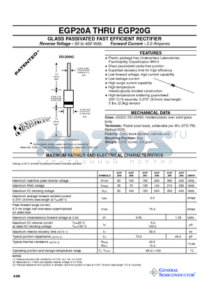 EGP20C datasheet - GLASS PASSIVATED FAST EFFICIENT RECTIFIER