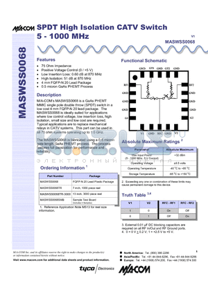 MASWSS0068TR datasheet - SPDT High Isolation CATV Switch 5 - 1000 MHz