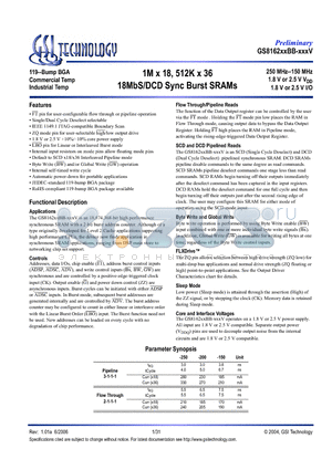 GS816218BB-150IV datasheet - 1M x 18, 512K x 36 18MbS/DCD Sync Burst SRAMs