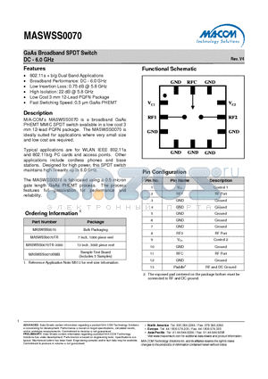 MASWSS0070TR datasheet - GaAs Broadband SPDT Switch DC - 6.0 GHz