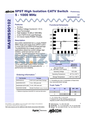 MASWSS0102 datasheet - SPST High Isolation CATV Switch 5 - 1000 MHz