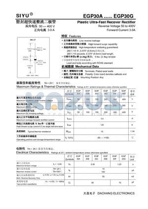 EGP30A datasheet - Plastic Ultra-Fast Recover Rectifier Reverse Voltage 50 to 400V Forward Current 3.0A