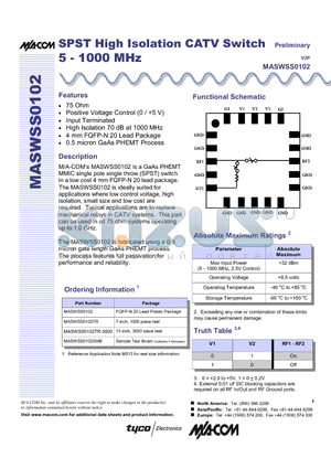 MASWSS0102SMB datasheet - SPST High Isolation CATV Switch 5 - 1000 MHz