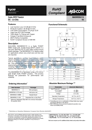 MASWSS0115-DIE datasheet - GaAs SPDT Switch DC - 3.0 GHz