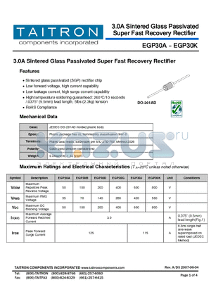 EGP30D datasheet - 3.0A Sintered Glass Passivated Super Fast Recovery Rectifier