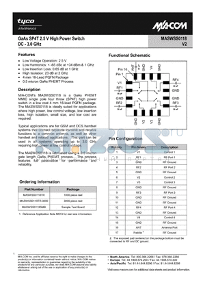 MASWSS0118 datasheet - GaAs SP4T 2.5 V High Power Switch DC - 3.0 GHz