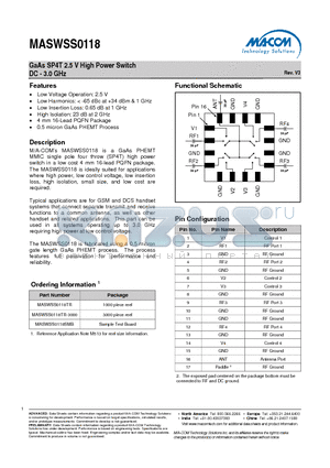 MASWSS0118TR datasheet - GaAs SP4T 2.5 V High Power Switch DC - 3.0 GHz