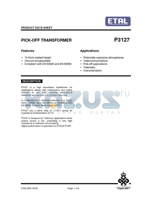 P3127 datasheet - PICK-OFF TRANSFORMER