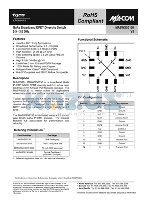 MASWSS0130TR-3000 datasheet - GaAs Broadband DPDT Diversity Switch 0.5 - 3.0 GHz