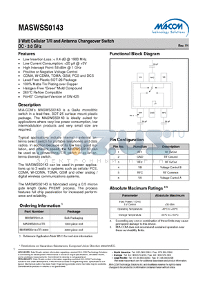 MASWSS0143TR-3000 datasheet - 3 Watt Cellular T/R and Antenna Changeover Switch DC - 3.0 GHz