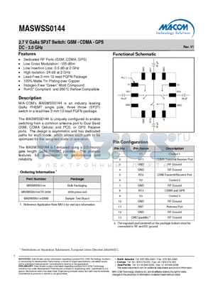 MASWSS0144 datasheet - 2.7 V GaAs SP3T Switch: GSM - CDMA - GPS DC - 3.0 GHz