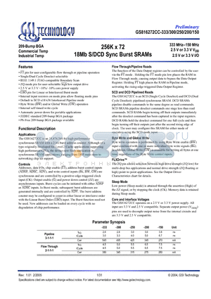 GS816272CC-250 datasheet - 256K x 72 18Mb S/DCD Sync Burst SRAMs