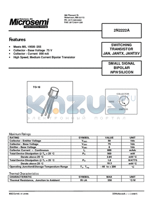 JANTXV2N2222A datasheet - SMALL SIGNAL BIPOLAR NPN SILICON