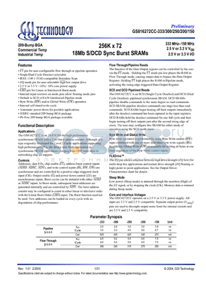 GS816272CGC-333I datasheet - 256K x 72 18Mb S/DCD Sync Burst SRAMs