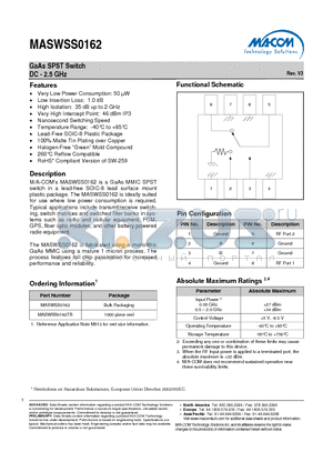 MASWSS0162TR datasheet - GaAs SPST Switch DC - 2.5 GHz