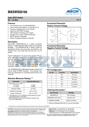 MASWSS0166SMB datasheet - GaAs SPDT Switch DC - 3.0 GHz