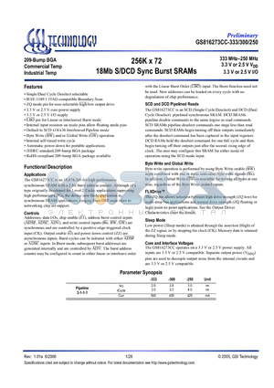 GS816273CC-333I datasheet - 256K x 72 18Mb S/DCD Sync Burst SRAMs