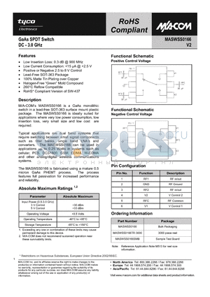 MASWSS0166TR-3000 datasheet - GaAs SPDT Switch DC - 3.0 GHz