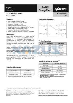 MASWSS0167SMB datasheet - 2.5 V GaAs SPDT Switch 0.5 - 3.0 GHz