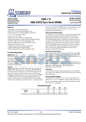 GS816273CGC-250I datasheet - 256K x 72 18Mb S/DCD Sync Burst SRAMs