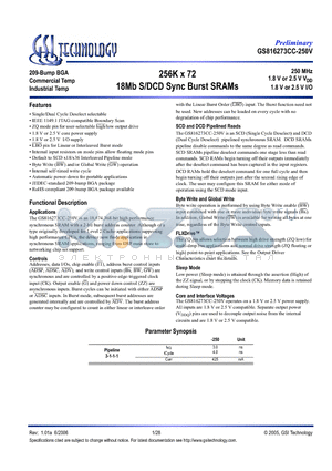 GS816273CGC-250IV datasheet - 256K x 72 18Mb S/DCD Sync Burst SRAMs