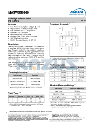 MASWSS0169SMB datasheet - GaAs High Isolation Switch