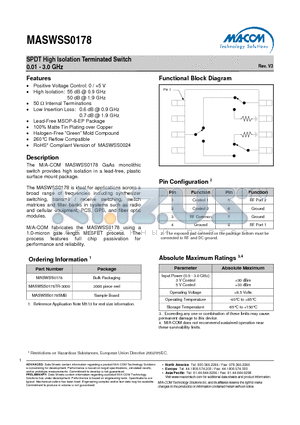 MASWSS0178SMB datasheet - SPDT High Isolation Terminated Switch 0.01 - 3.0 GHz