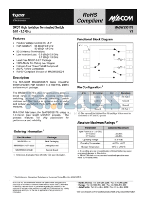 MASWSS0178TR-3000 datasheet - SPDT High Isolation Terminated Switch 0.01 - 3.0 GHz