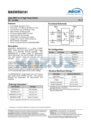 MASWSS0181 datasheet - GaAs SPDT 2.5 V High Power Switch DC - 3.0 GHz